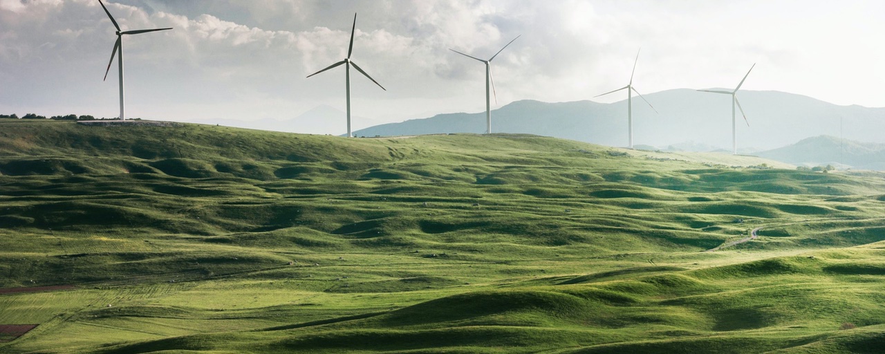 Windpark auf grün bewachsenem Hügelkamm